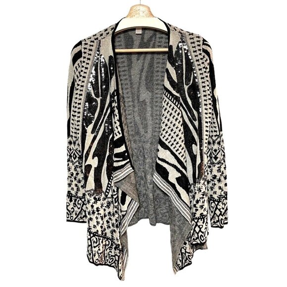 Chicos Black Animal Print‎ Cardigan Sweater Sequins Zebra Beige Print Western 0 - Picture 1 of 6